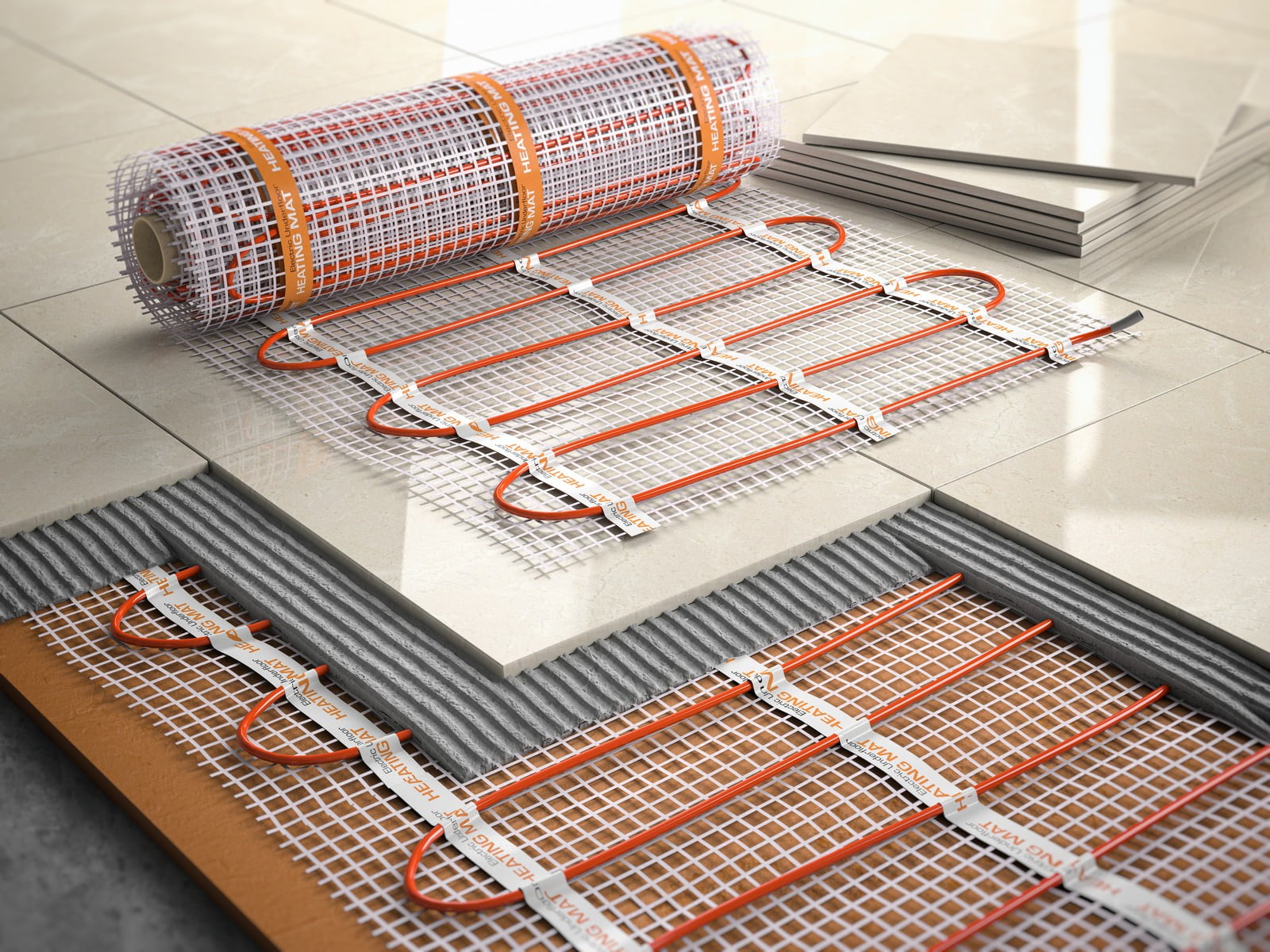 This image depicts an electric underfloor heating system being installed below a tiled floor. On the left, there's a section with the complete assembly: a layer of insulation is on the bottom, with a wire mesh above it. On top of the mesh, the heating cables are arranged in parallel lines and affixed with tape to maintain their position. To the right, you see the heating cables still rolled up, and beside that, a stack of floor tiles that are presumably going to be installed over the heating system. This type of system is designed to heat the floor surface, providing a warm and comfortable indoor environment.