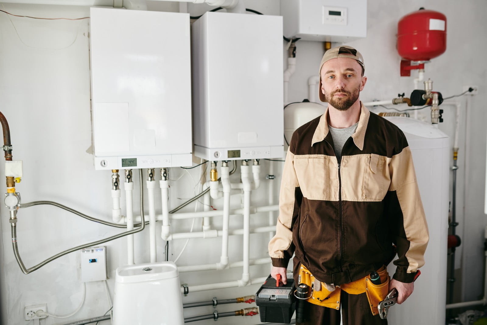 The image shows a person standing in a room that contains heating equipment. The person appears to be a technician or a plumber, wearing a cap and work clothes with a utility belt holding various tools. They are holding what looks like a small toolbox or case. In the background, there is a wall-mounted petrol boiler, some pipework, and a white storage tank, which could be part of a domestic hot water system. A red expansion tank is also visible, which is part of the heating system, typically used to accommodate the expansion of water as it heats up.