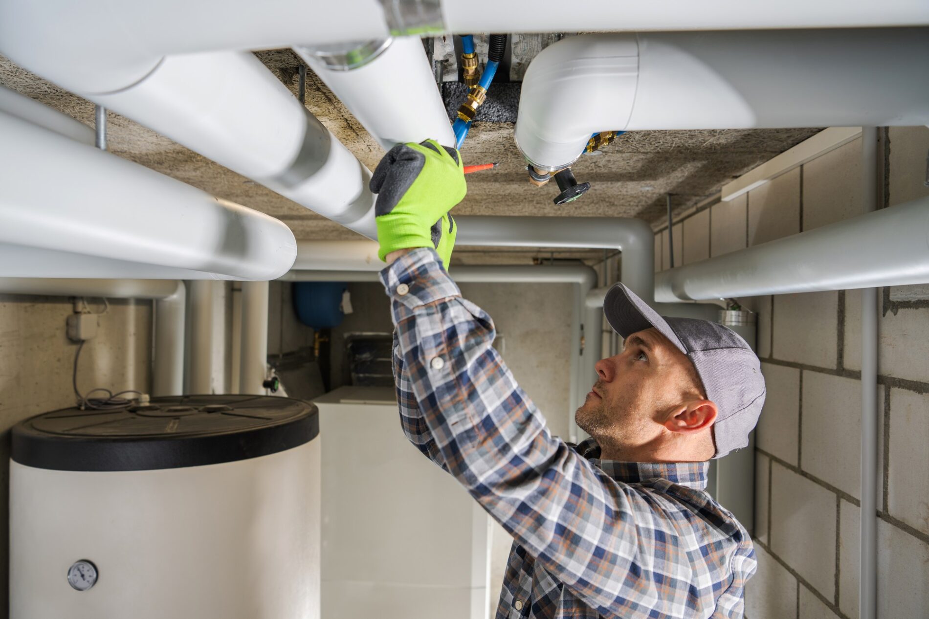 The image shows a man working on some pipes in what appears to be a basement or utility area. The man is wearing a cap, gloves, and a plaid shirt. He's focusing on a section of pipe that he's holding with his left hand, and he’s using a tool with his right hand, likely adjusting or checking something related to the plumbing. In the background, there's a large water heater and more plumbing infrastructure, as well as some electrical conduits running along the ceiling. The environment suggests that he might be a professional plumber or a handyman engaged in maintenance or repair work.