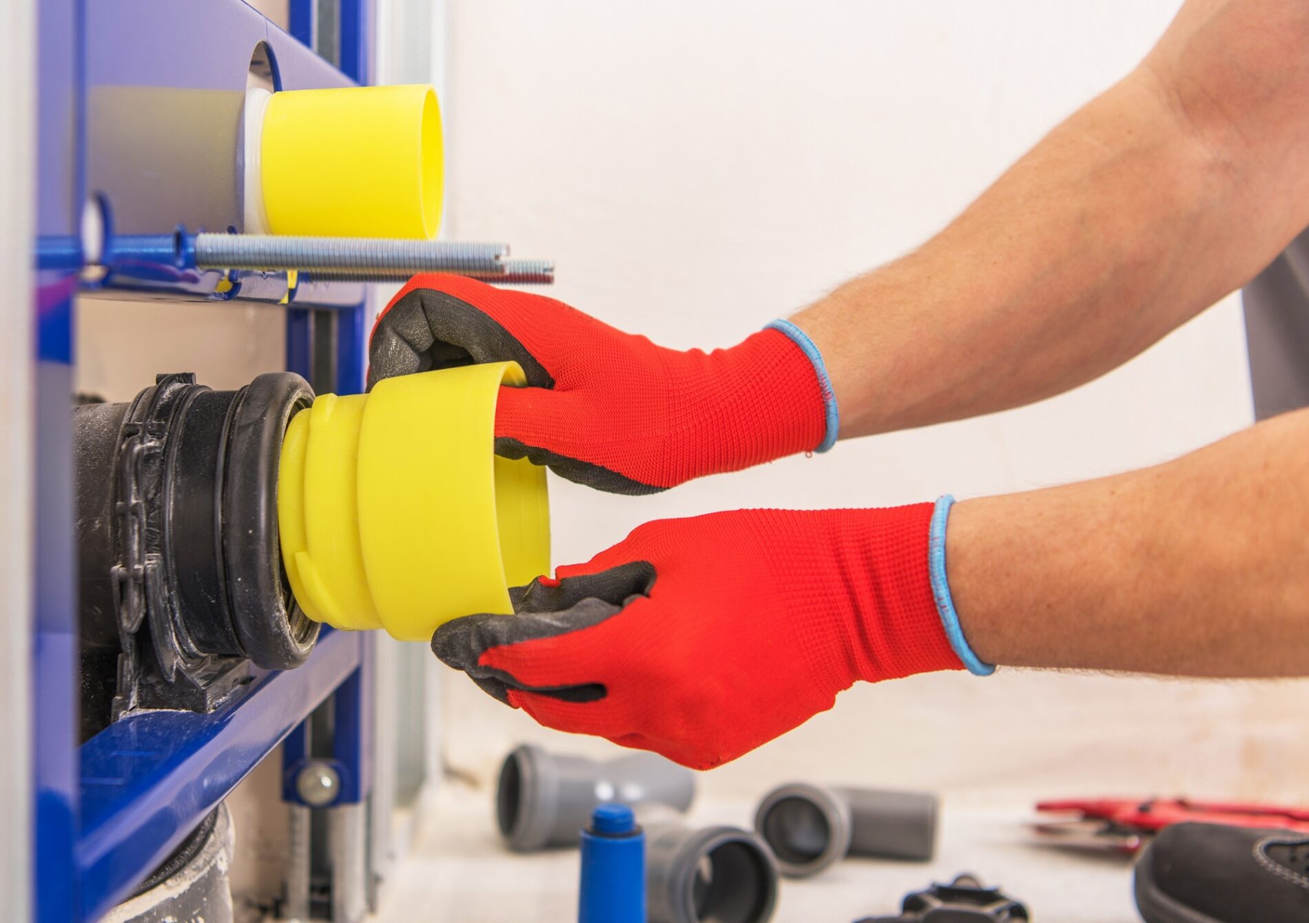 The image shows a close-up of a person's hands wearing red gloves with black fingertips. The person is working with PVC pipes and fittings, specifically handling a bright yellow fitting. There is a piece of equipment that appears to be a PVC pipe cutter or a device for holding pipes in place while working on them. In the background, various plumbing materials, including pipes and other fittings, can be seen. The setting suggests that the person is engaged in plumbing work, perhaps installation or repair.